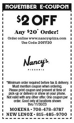 Nancy's Pizza Black Friday Get $2 Off Any $20 Order 