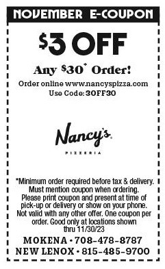 Nancy's Pizza Black Friday Get $3 Off Orders of $30 or More 