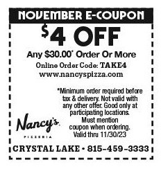 Nancy's Pizza Black Friday Get $4 Off Any $30 Order