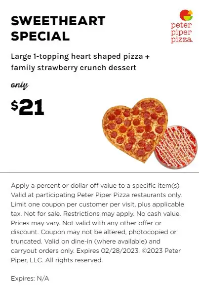 Peter Piper Pizza Valentine's Day Get Large 1-topping Heart-Shaped Pizza & Crunch Dessert for $21