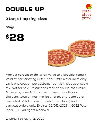 Peter Piper Pizza National Pizza Day Double Up: Get 2 Large 1-Topping Pizzas For $28