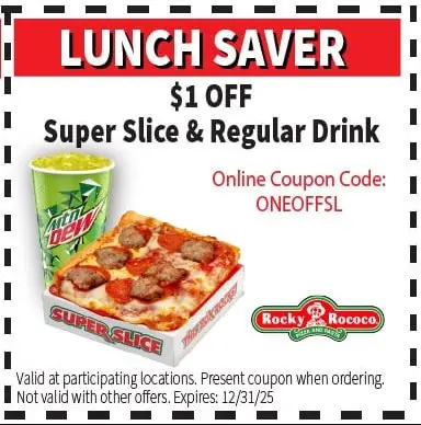 Rocky Rococo Pizza and Pasta Printable Coupon Get $1 Off Superslice + Regular Drink