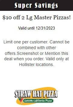 Straw Hat Pizza Printable Coupon Get $10 Off 2 Large Master Pizzas
